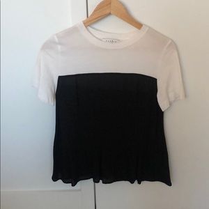 Sandro white tee with black silk layover w/ ruffle